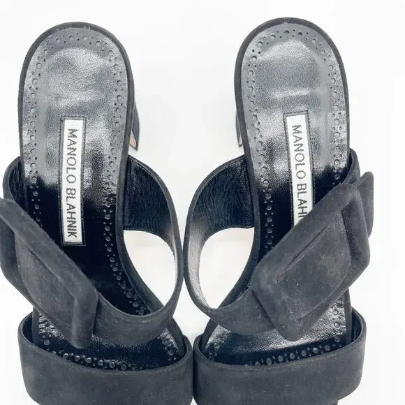 Manolo Blahnik Titubanew Black Suede Open Toe Buckle Mule Sandals Heels IT 36.5 - Picture 8 of 11
